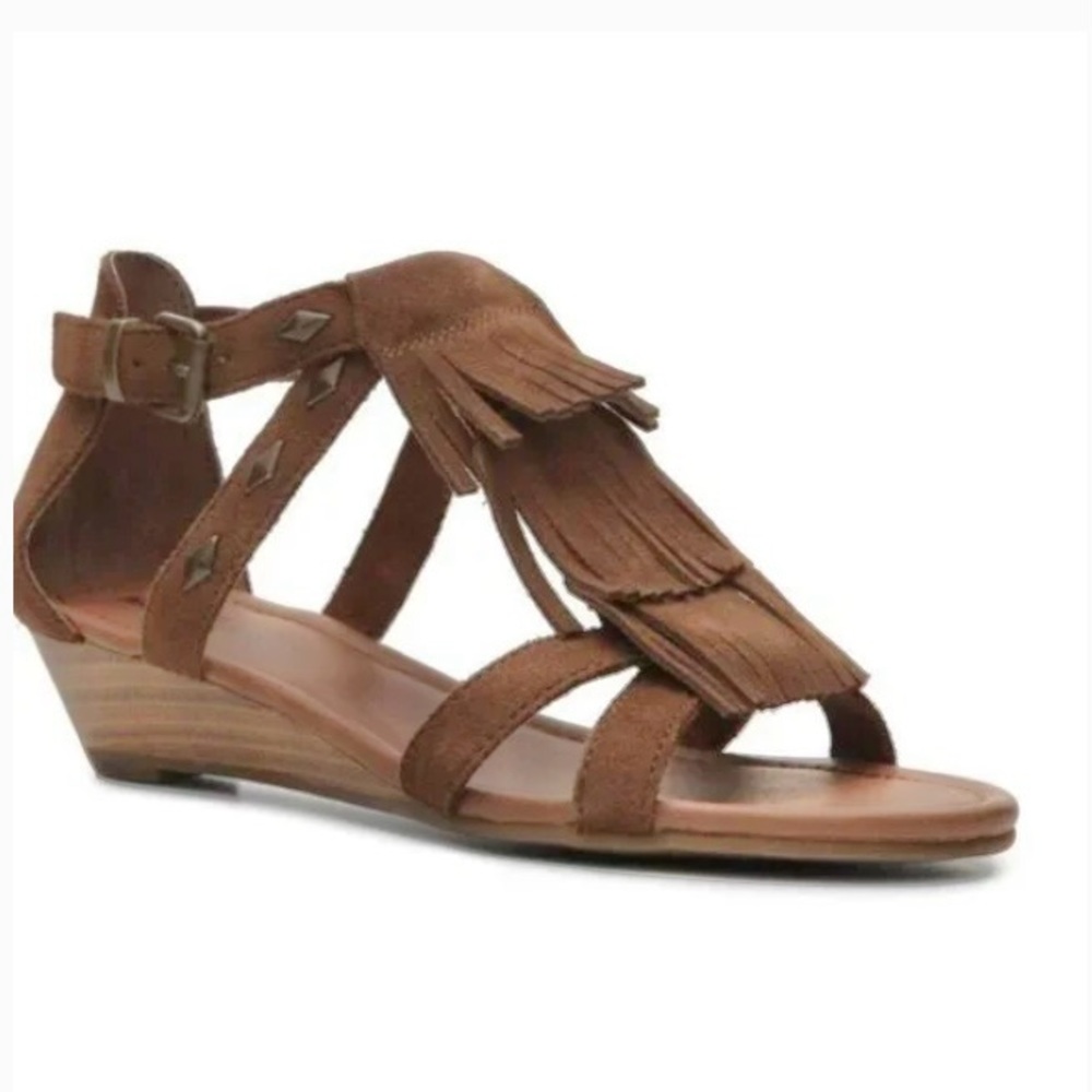 Minnetonka Merriam Wedge Sandals Fringe Brown Women’s Size 7 Suede Shoes